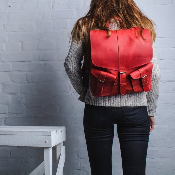 Handmade Red Distressed Leather Laptop Backpack main image 4